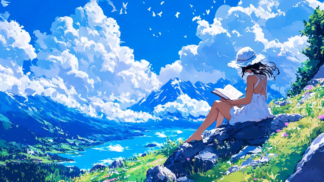 9k少女阅读壁纸｜山水风景背景图片 - 蓝天「哲风壁纸」