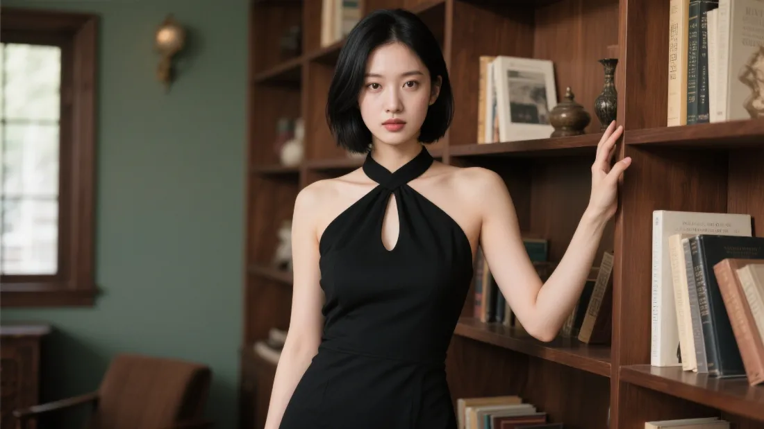 2k黑色挂脖连衣裙壁纸｜书房书架背景图片 - 知性女性「哲风壁纸」