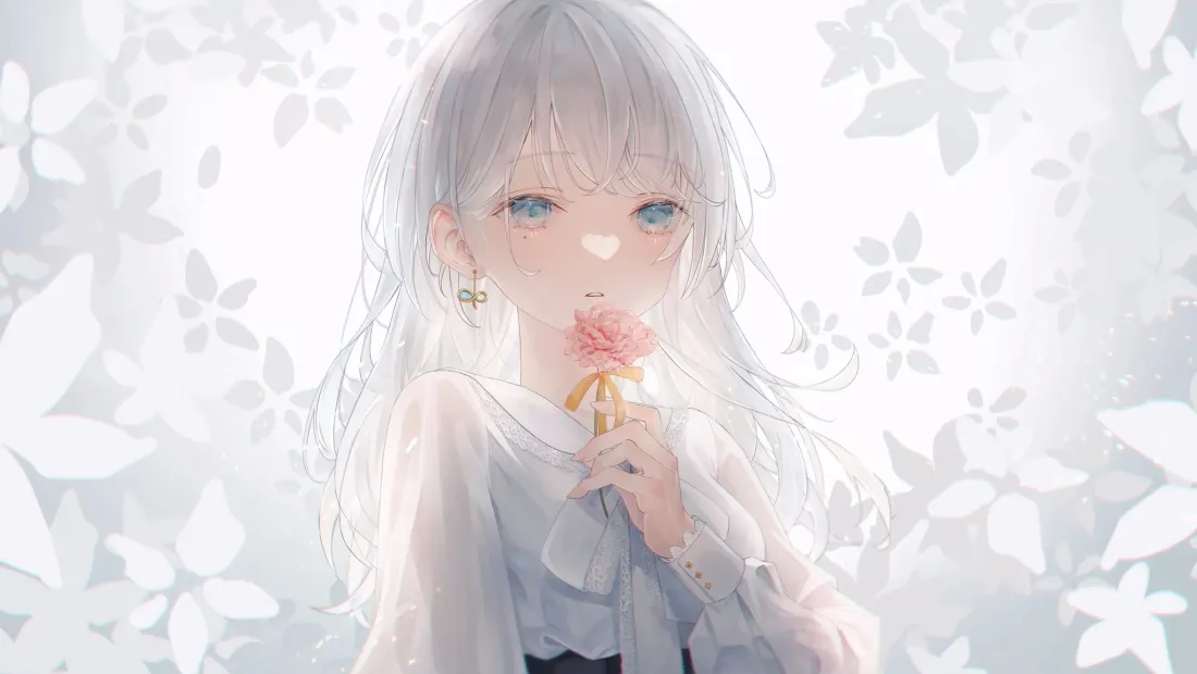 2k银发少女壁纸｜花卉背景图片 - 手持甜点的二次元少女「哲风壁纸」
