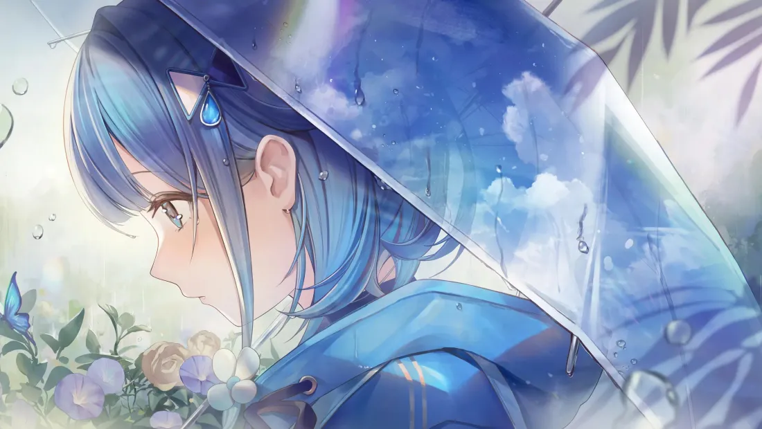 2k蓝发少女壁纸｜雨伞花海背景图片 - 二次元「哲风壁纸」