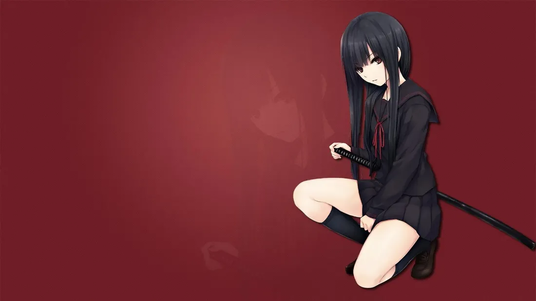 2k黑发少女壁纸｜红底剑士背景图片 - 二次元「哲风壁纸」
