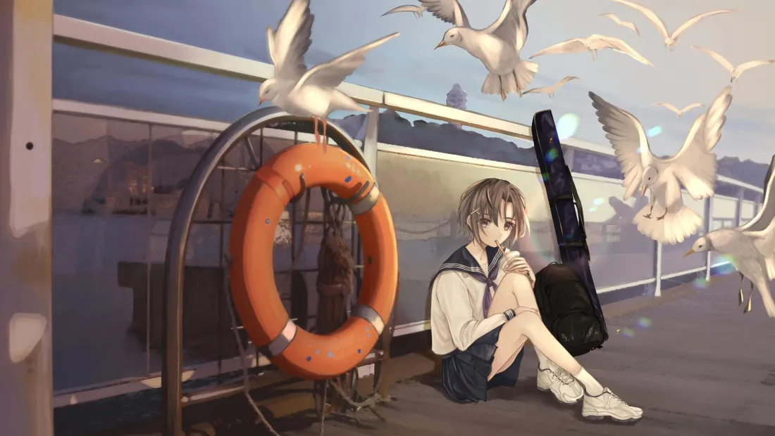 2k少女吉他壁纸｜海鸥码头背景图片 - 二次元「哲风壁纸」
