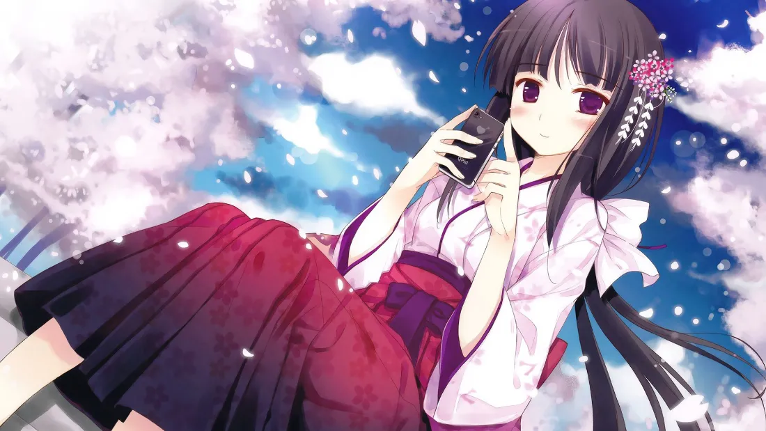2k樱花少女壁纸｜日系二次元背景图片 - 长发和服「哲风壁纸」