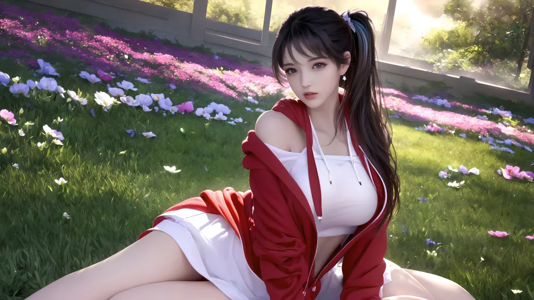 4k红衣少女壁纸｜清纯花海背景图片 - 草地「哲风壁纸」