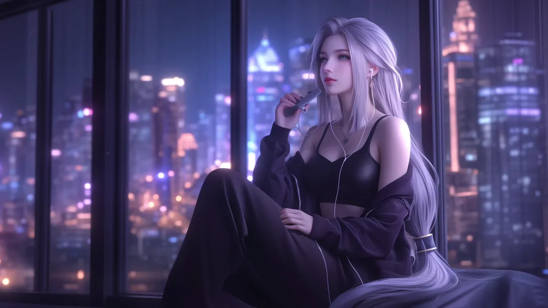 4k银灰发听歌少女壁纸｜都市夜景背景图片 - 静听「哲风壁纸」