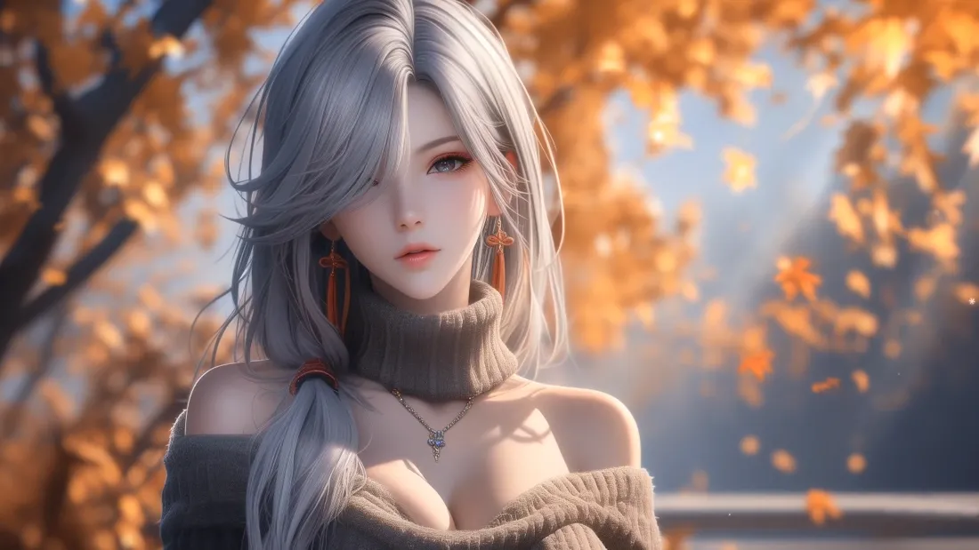 4k(灰发少女壁纸｜秋风背景图片 - 银发秋景)「哲风壁纸」