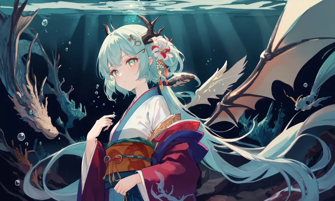 3k深海巫女壁纸｜龙形灵体背景图片 - AI绘「哲风壁纸」