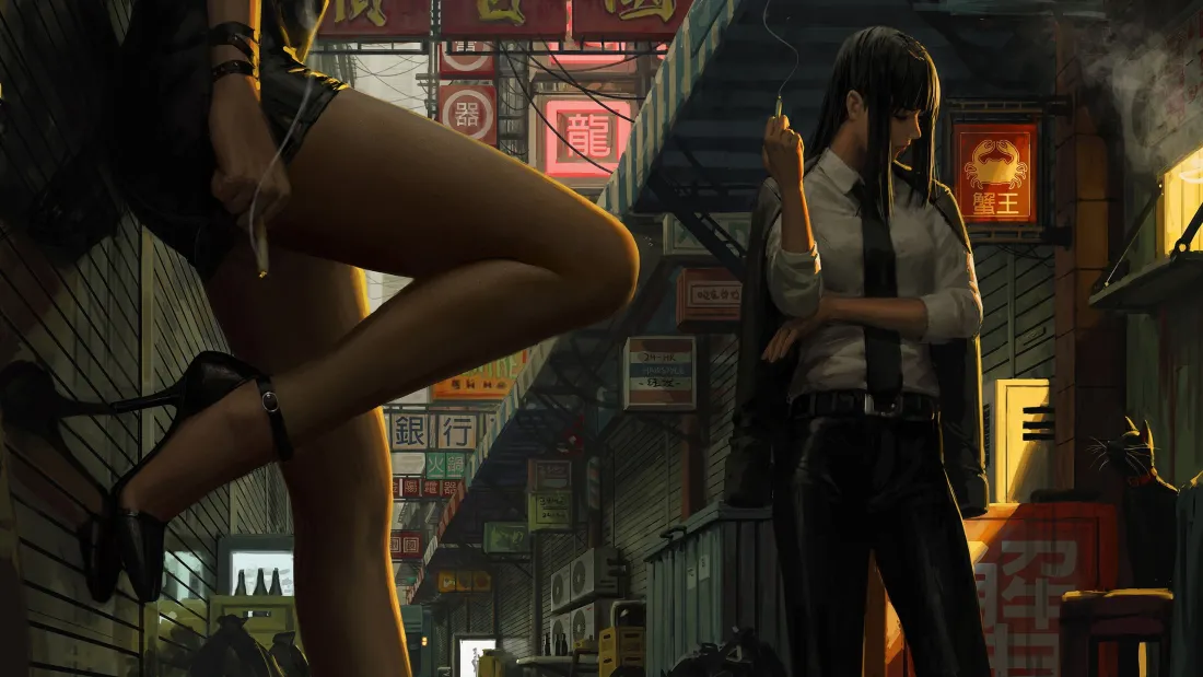 3k赛博朋克少女壁纸｜霓虹街道背景图片 - 二次元「哲风壁纸」