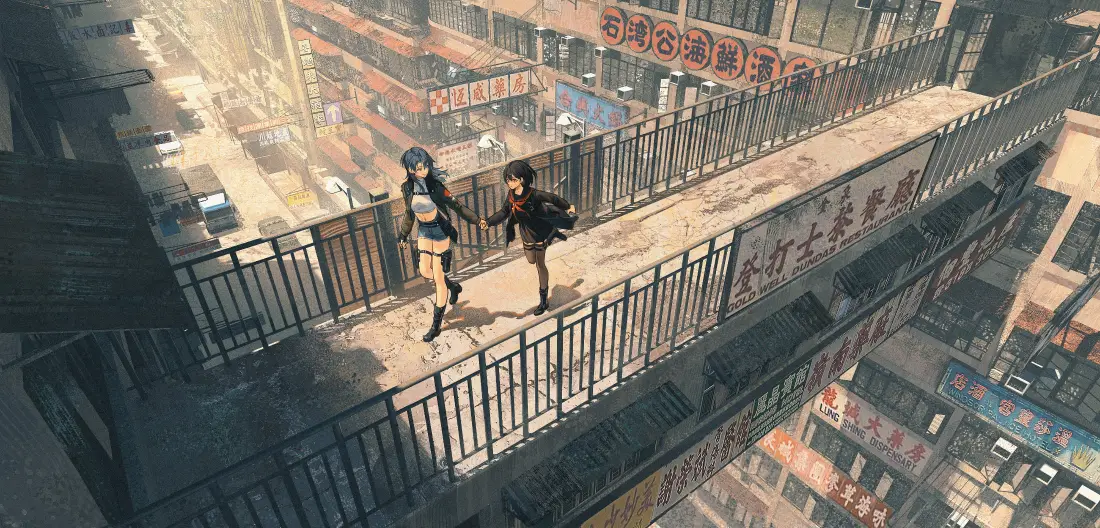 4k高空都市壁纸｜少女漫步背景图片 - 二次元「哲风壁纸」