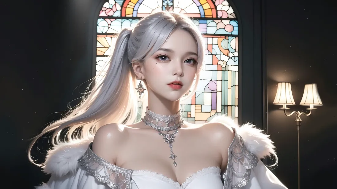 2k银发高马尾少女｜彩色玻璃背景图片 - 华丽「哲风壁纸」