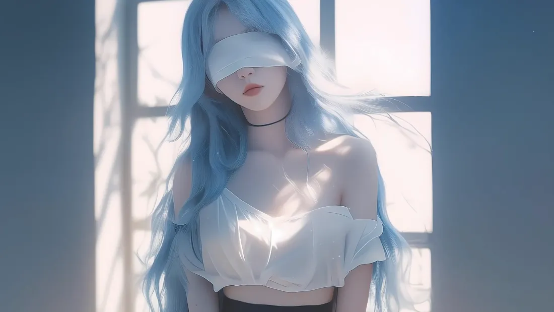 2k蓝发蒙眼壁纸｜光影窗边背景图片 - 美女「哲风壁纸」