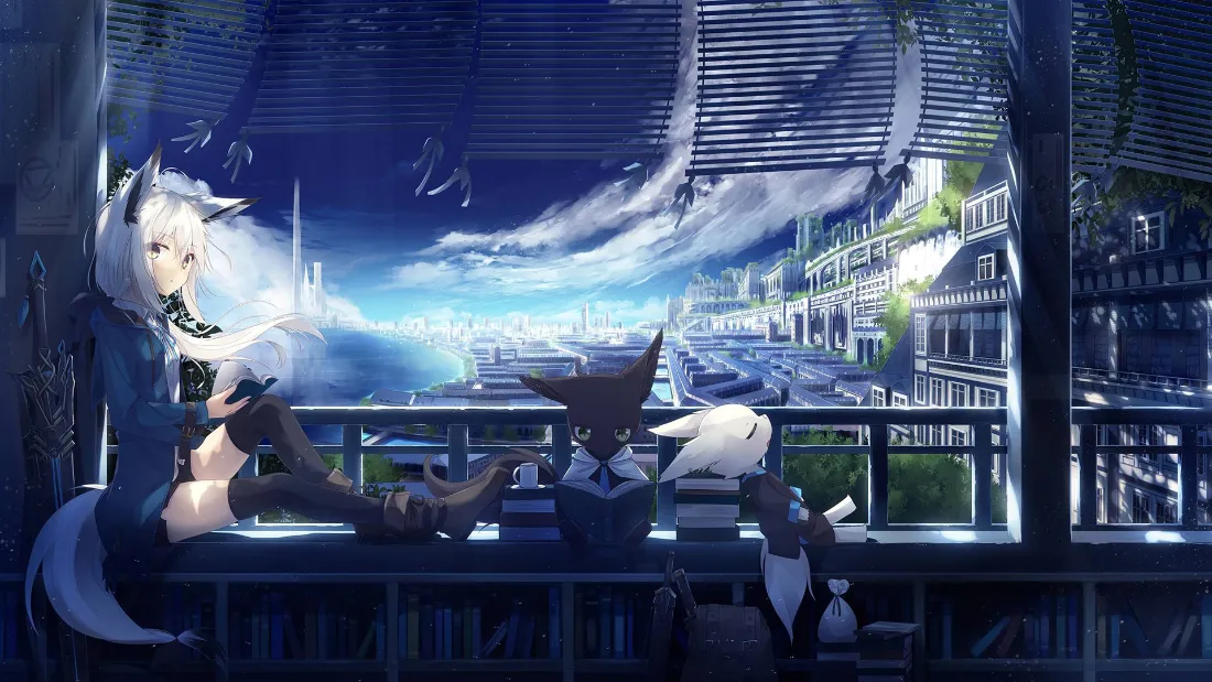 2k狐耳少女壁纸｜夜景阳台背景图片 - 二次元「哲风壁纸」