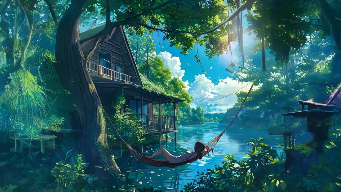 4k吊床树屋壁纸｜树林湖水背景图片 - 悠闲时光「哲风壁纸」