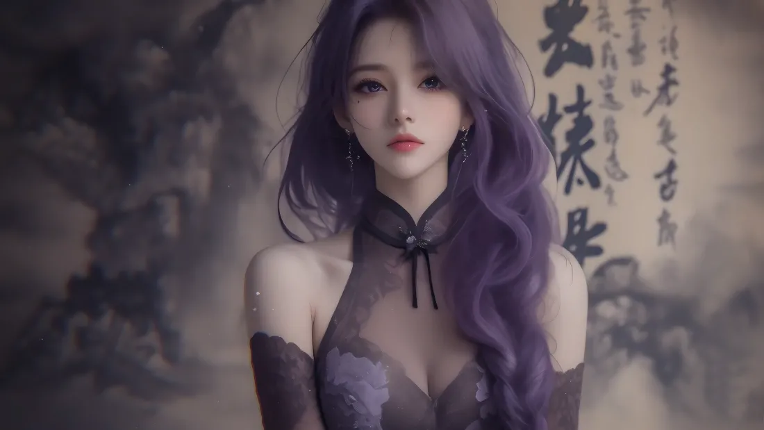 4k紫色长发古风壁纸｜东方书法背景图片 - 少女「哲风壁纸」