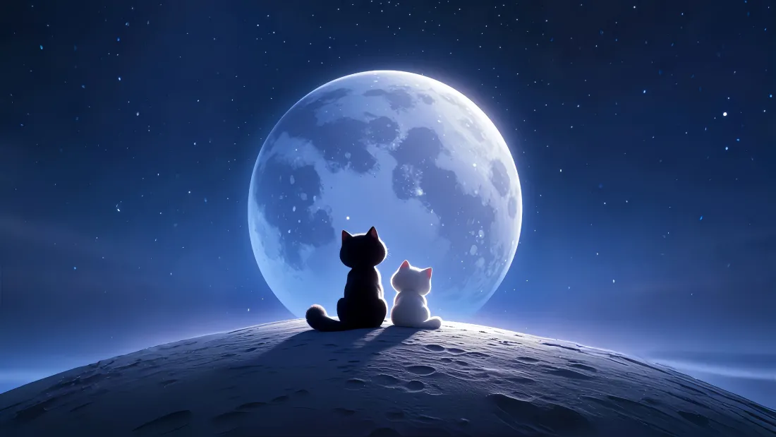 4k黑猫白猫赏月壁纸｜星空背景图片 - 甜蜜CP「哲风壁纸」
