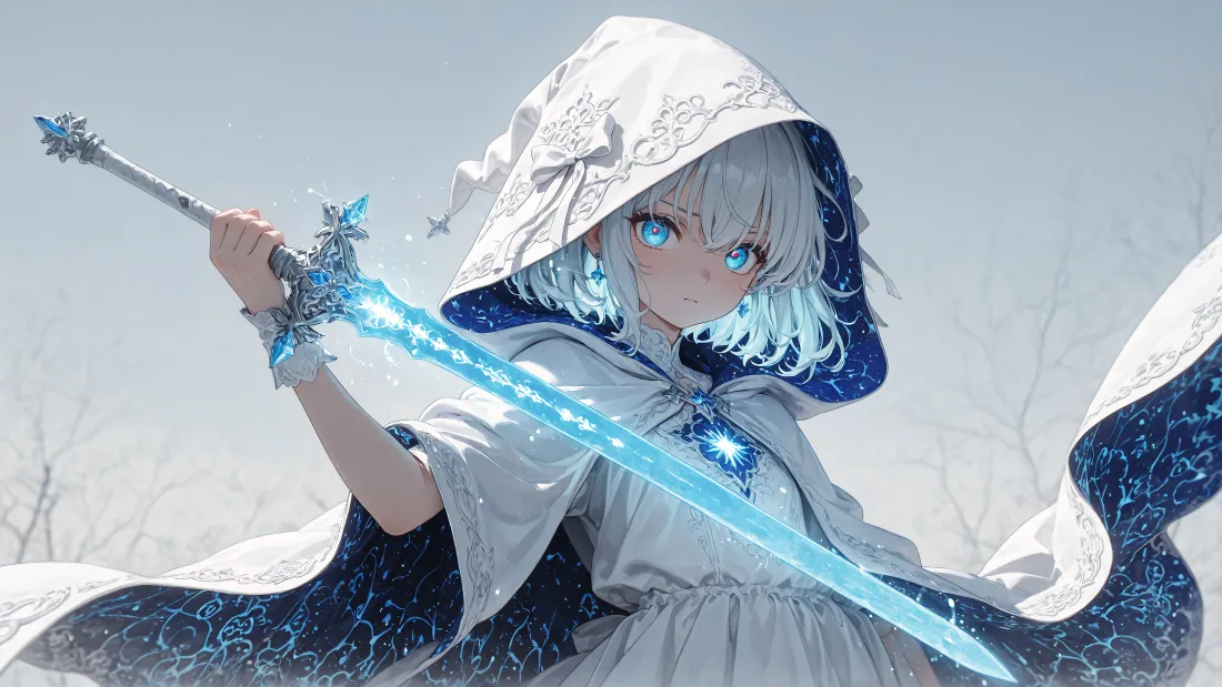 4k蓝发剑士壁纸｜雪原背景图片 - AI艺术「哲风壁纸」
