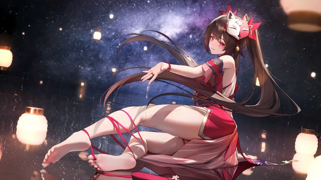 10k古风美女壁纸｜星空灯笼背景图片 - 美腿「哲风壁纸」
