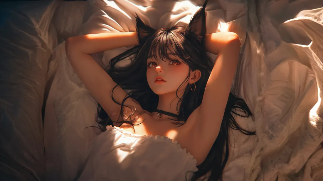 4k猫耳少女壁纸｜暖阳光影背景图片 - 慵懒躺卧「哲风壁纸」