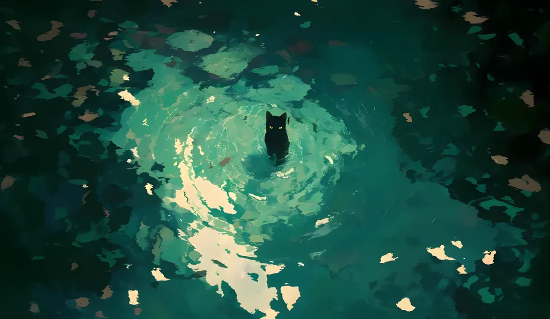 4k黑猫壁纸｜水面倒影背景图片 - 静谧夜影「哲风壁纸」