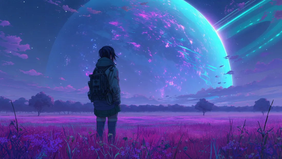 4k星空少女壁纸｜紫色田野星球背景图片 - 动漫「哲风壁纸」