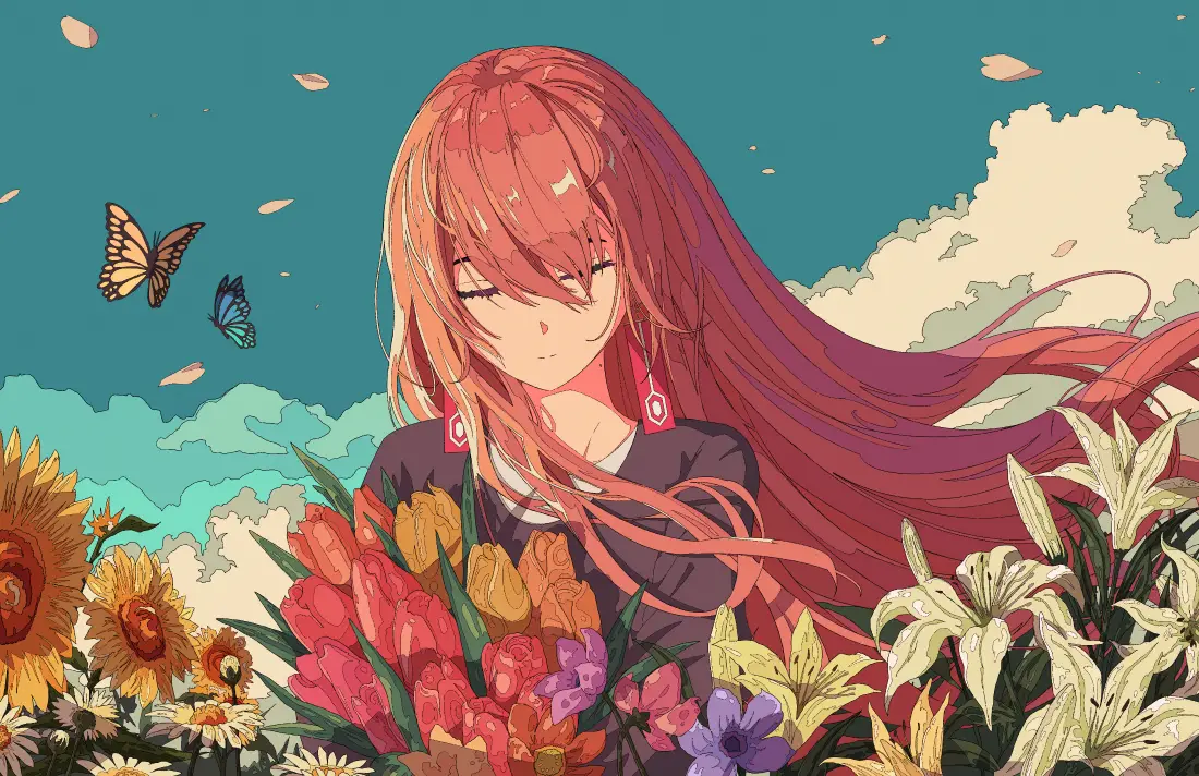 4k红发少女壁纸｜花海晴空背景图片 - 动漫「哲风壁纸」