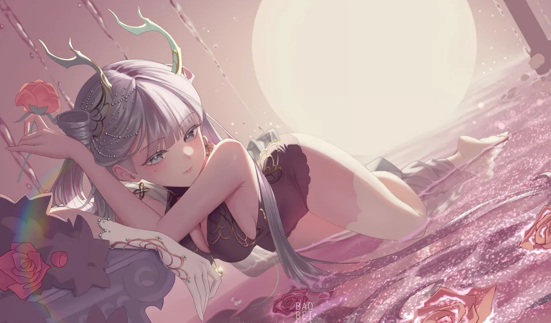 8k鹿角少女壁纸｜玫瑰月夜背景图片 - 插画「哲风壁纸」