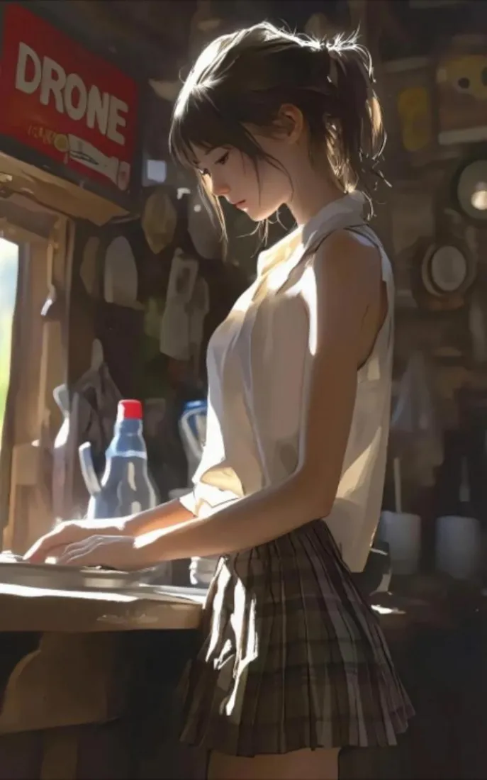 动漫美女手机壁纸｜格子短裙背景图片 - 室内场景「哲风壁纸」