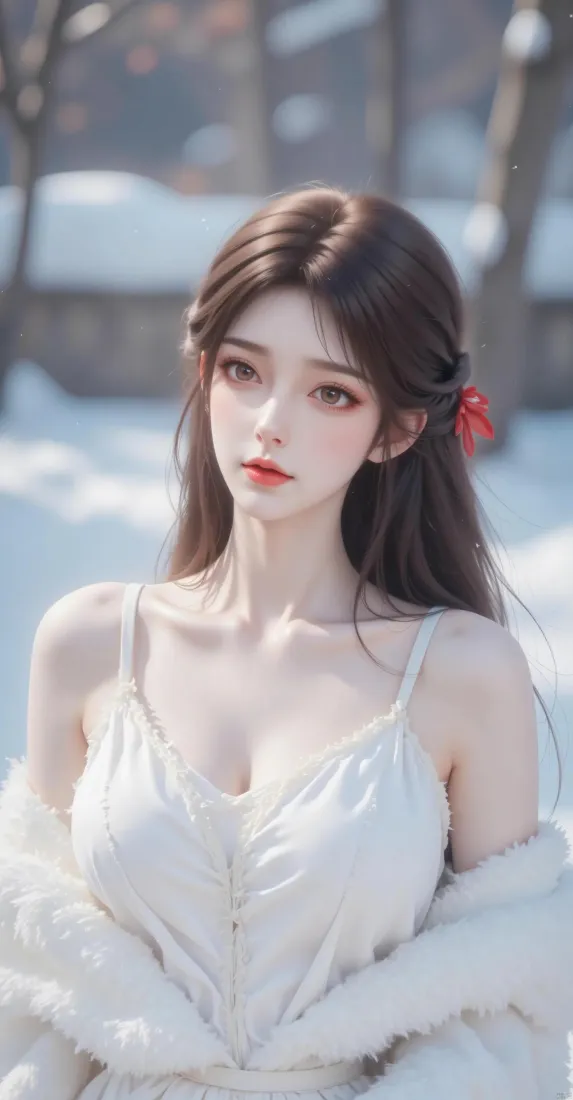 白衣女子手机壁纸｜雪地背景图片 - 红色发饰「哲风壁纸」