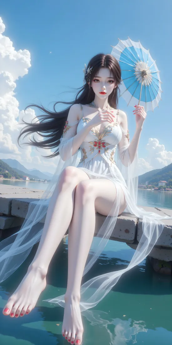 白衣女子手机壁纸｜山水背景图片 - 蓝色扇子「哲风壁纸」