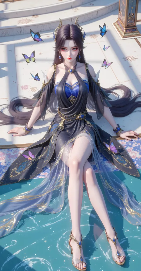 蓝裙女子手机壁纸｜蝴蝶背景图片 - 古风「哲风壁纸」