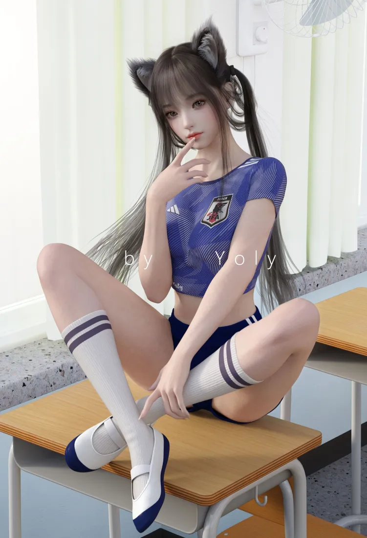 猫耳少女手机壁纸｜蓝色运动服背景图片 - 双马尾「哲风壁纸」