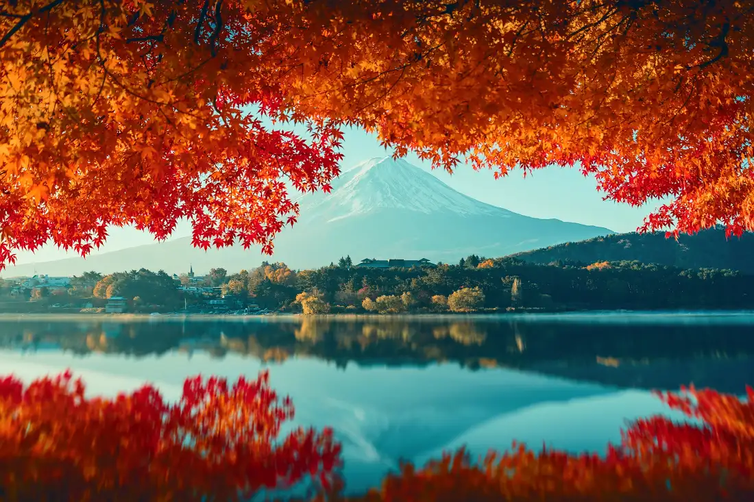 8k富士山红色枫叶壁纸｜湖面倒影背景图片 - 秋日「哲风壁纸」