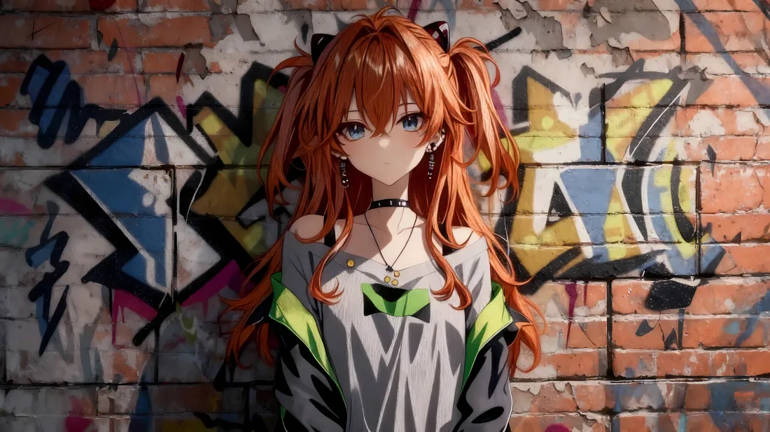 3k橙发少女壁纸｜红石砖墙背景图片 - 涂鸦「哲风壁纸」