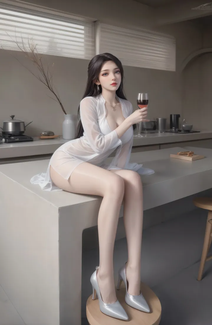 美女厨房手机壁纸｜酒杯背景 - 浅色穿搭「哲风壁纸」