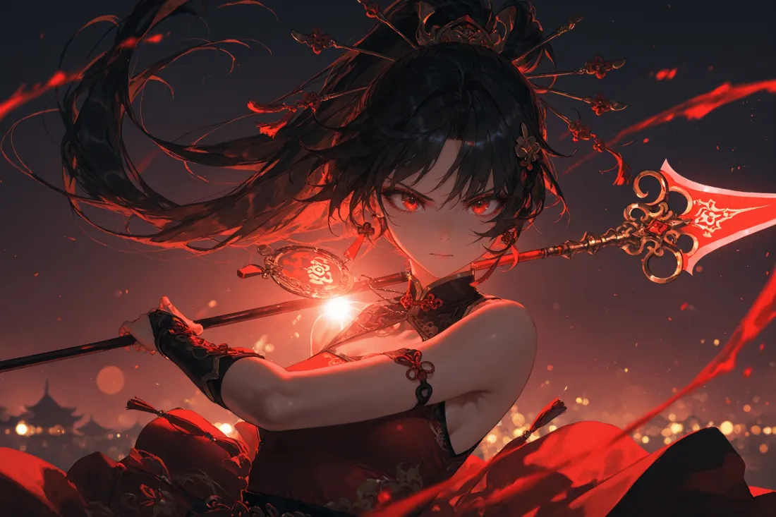 3k红衣女侠壁纸｜红色飘带背景图片 - 夜景「哲风壁纸」