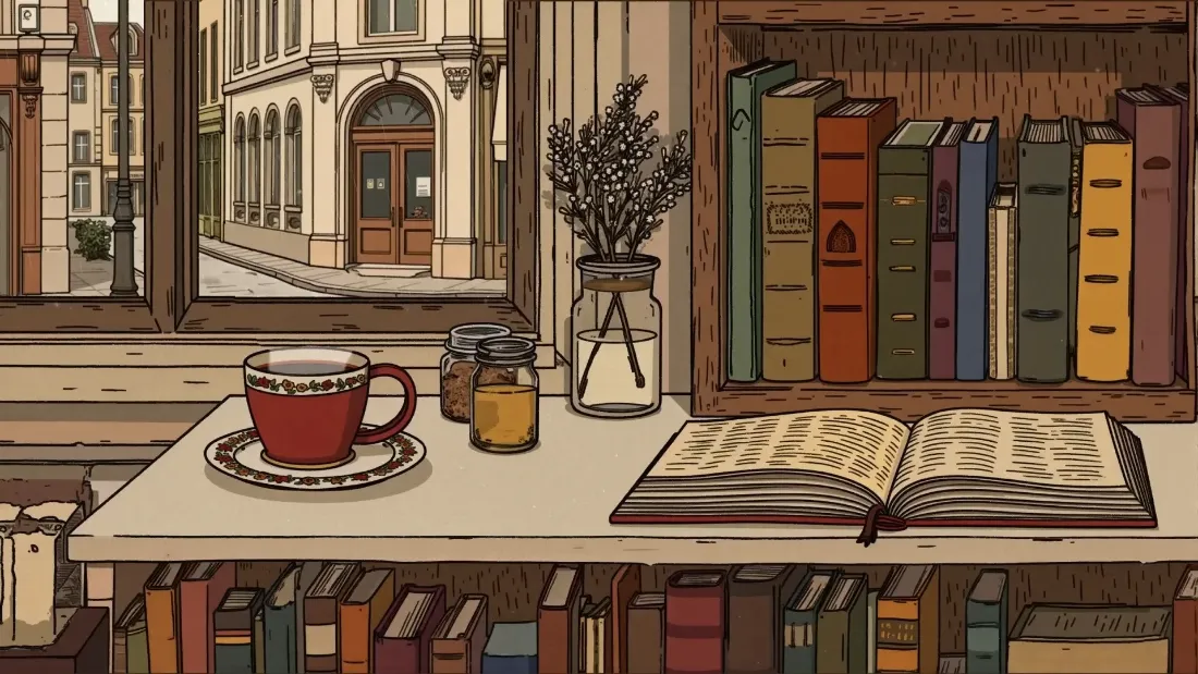 2k手绘窗台壁纸｜暖色调背景 - 书籍茶杯「哲风壁纸」
