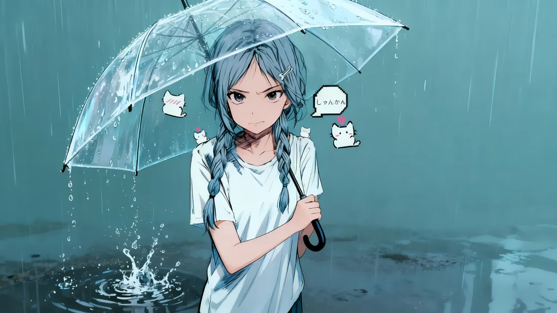 3k猫小奈壁纸｜雨天背景图片 - 蓝发「哲风壁纸」
