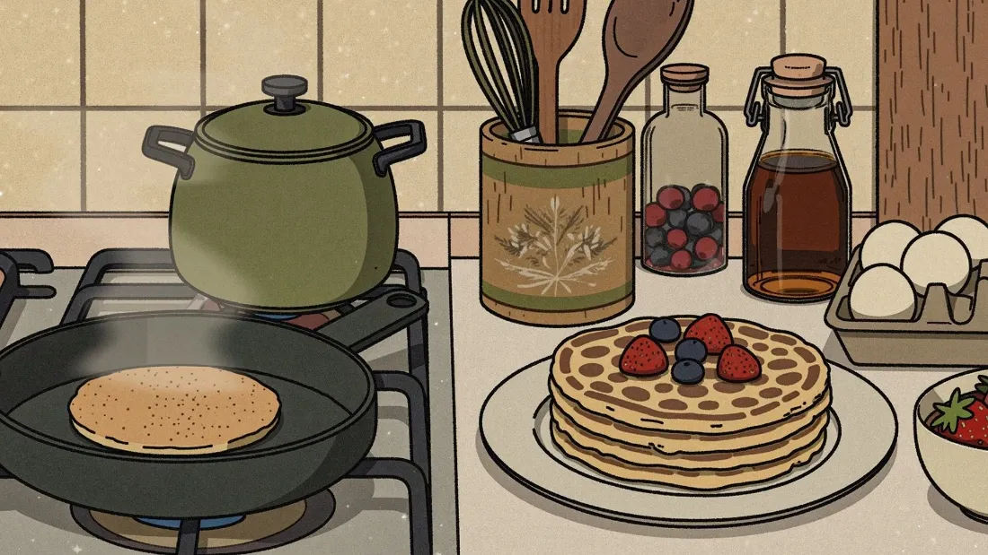 2k手绘美食厨房壁纸｜暖色调漫画风 - 煎饼松饼「哲风壁纸」