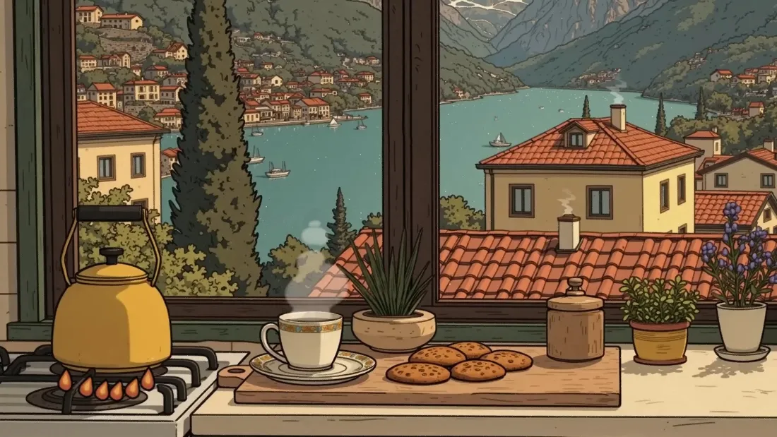 2k手绘厨房湖景壁纸｜暖色调漫画风 - 茶壶饼干「哲风壁纸」