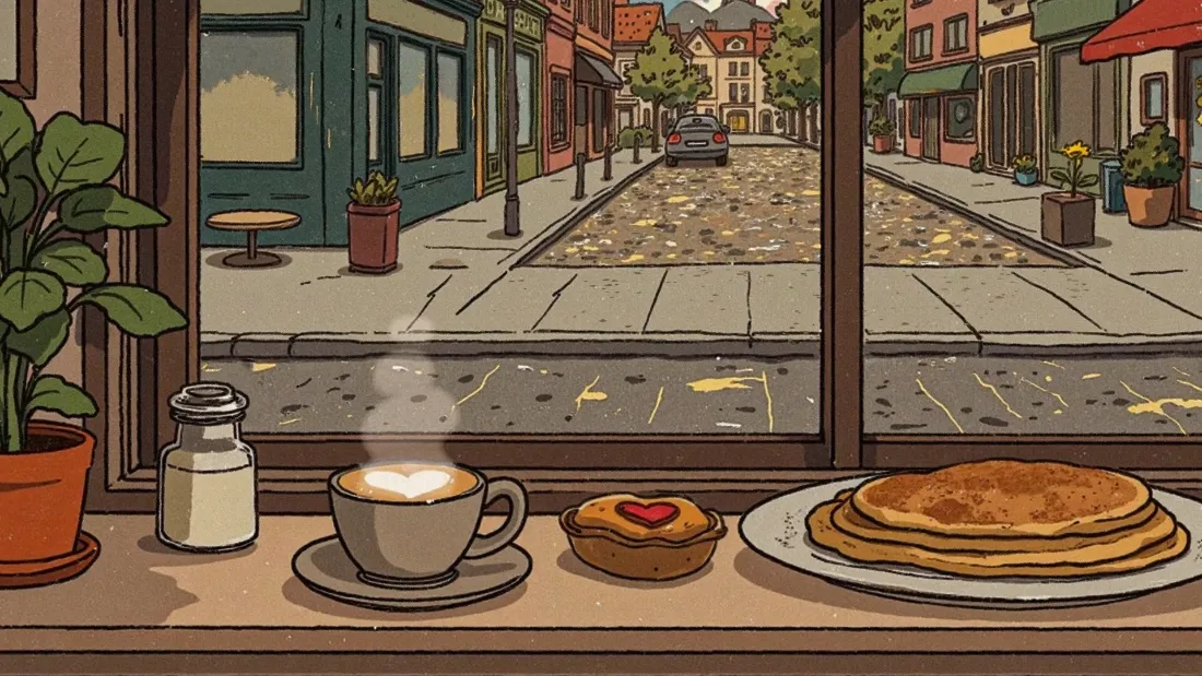 2k早餐食物手绘壁纸｜街道窗台 - 暖色调漫画风「哲风壁纸」