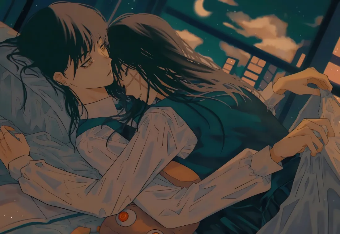 2k电锯人三鹰朝拥抱壁纸｜夜晚卧室 - 链锯人「哲风壁纸」