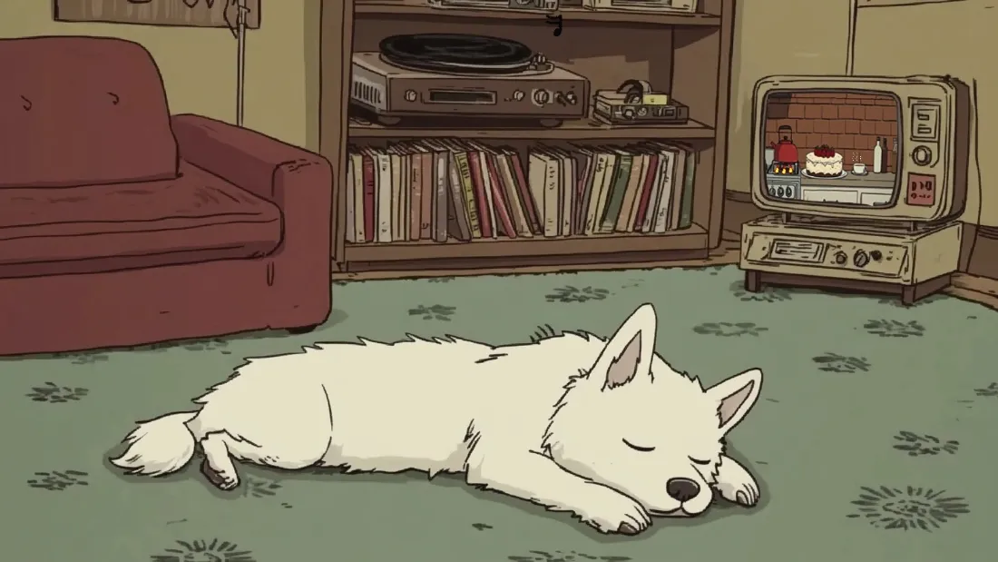 2k白犬复古房间壁纸｜手绘漫画风 - 暖色调「哲风壁纸」