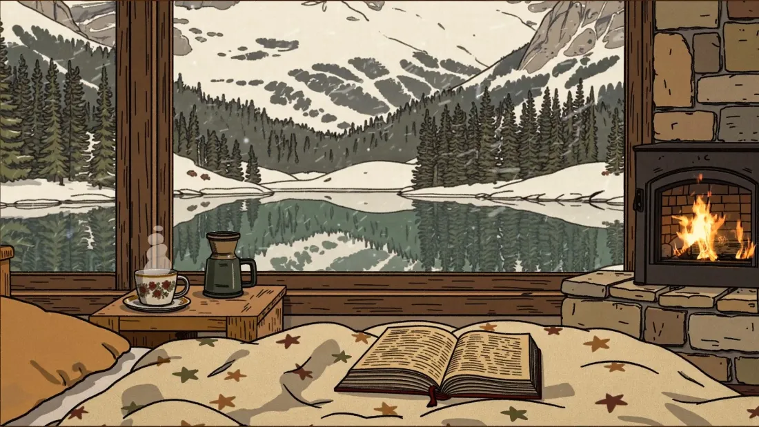 2k手绘壁炉雪景壁纸｜冬日背景 - 暖色调漫画风「哲风壁纸」
