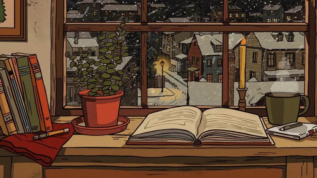 2k冬日窗台手绘壁纸｜暖色调漫画风 - 书籍雪景「哲风壁纸」