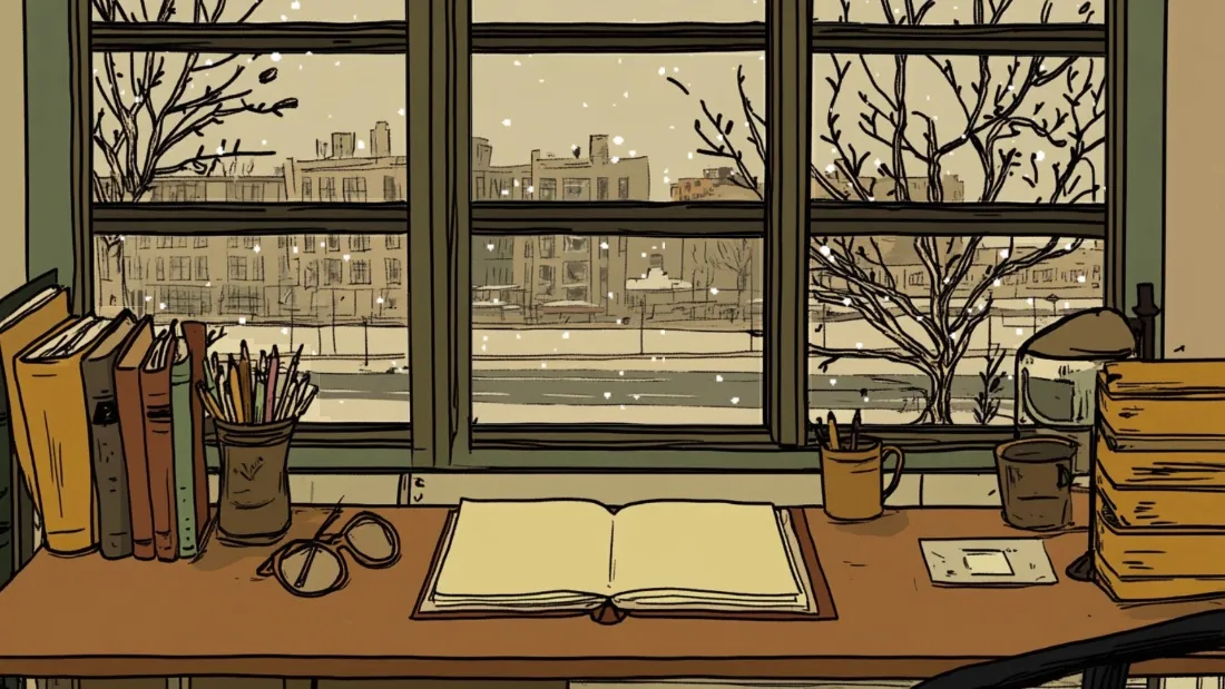 2k手绘书桌雪景壁纸｜漫画风室内 - 暖色调「哲风壁纸」