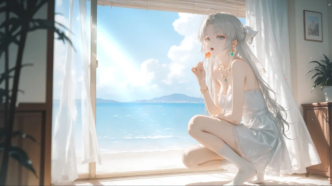 3k白发动漫美女壁纸｜海景窗边 - 清新「哲风壁纸」