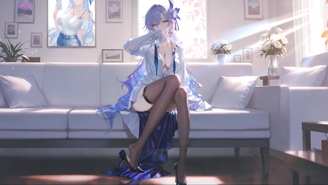 3k紫发动漫美女壁纸｜室内沙发 - 黑丝蓝裙「哲风壁纸」