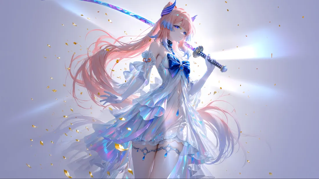 3k粉色长发动漫美女壁纸｜持剑少女 - 蓝白裙「哲风壁纸」