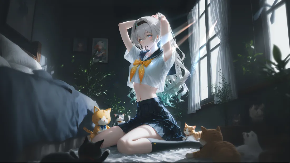 3k银发少女动漫壁纸｜房间玩偶 - 水手服「哲风壁纸」