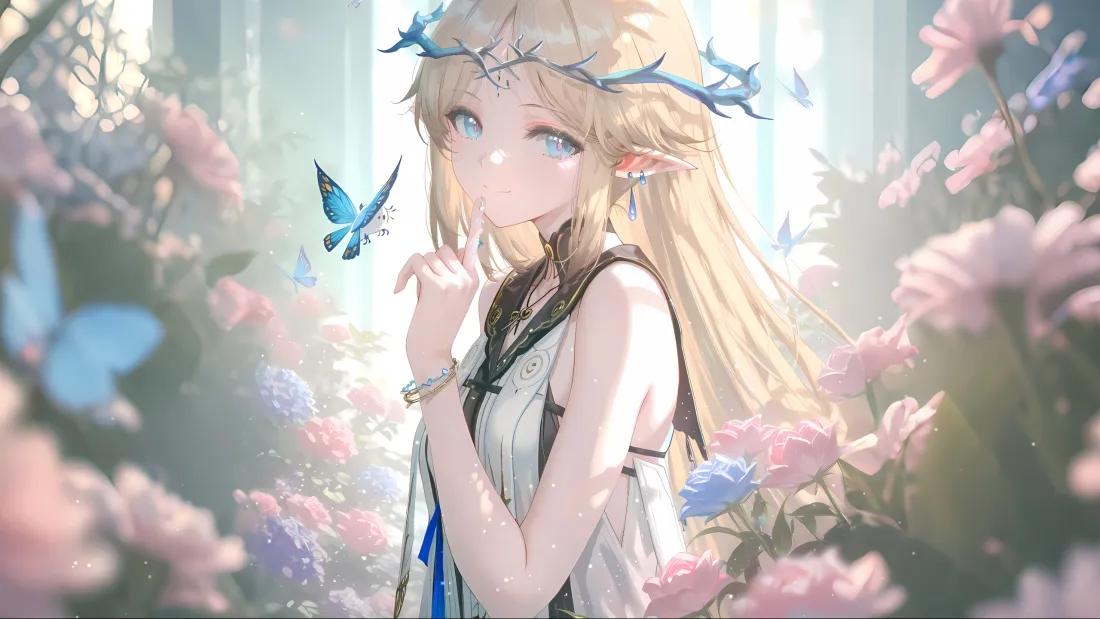 3k金发动漫美女壁纸｜花丛蝴蝶背景 - 梦幻「哲风壁纸」